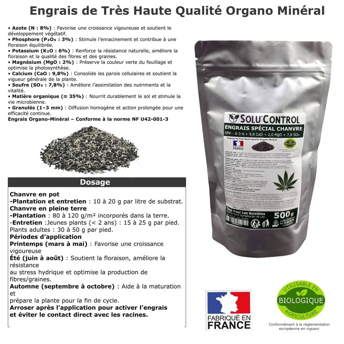 Tout pour les nuisibles - SOLU’CONTROL - 500 g - Engrais Spécial Chanvre  NPK 8-3-6 - Stimule une croissance vigoureuse et un développement harmonieux du chanvre - UAB - Image 2