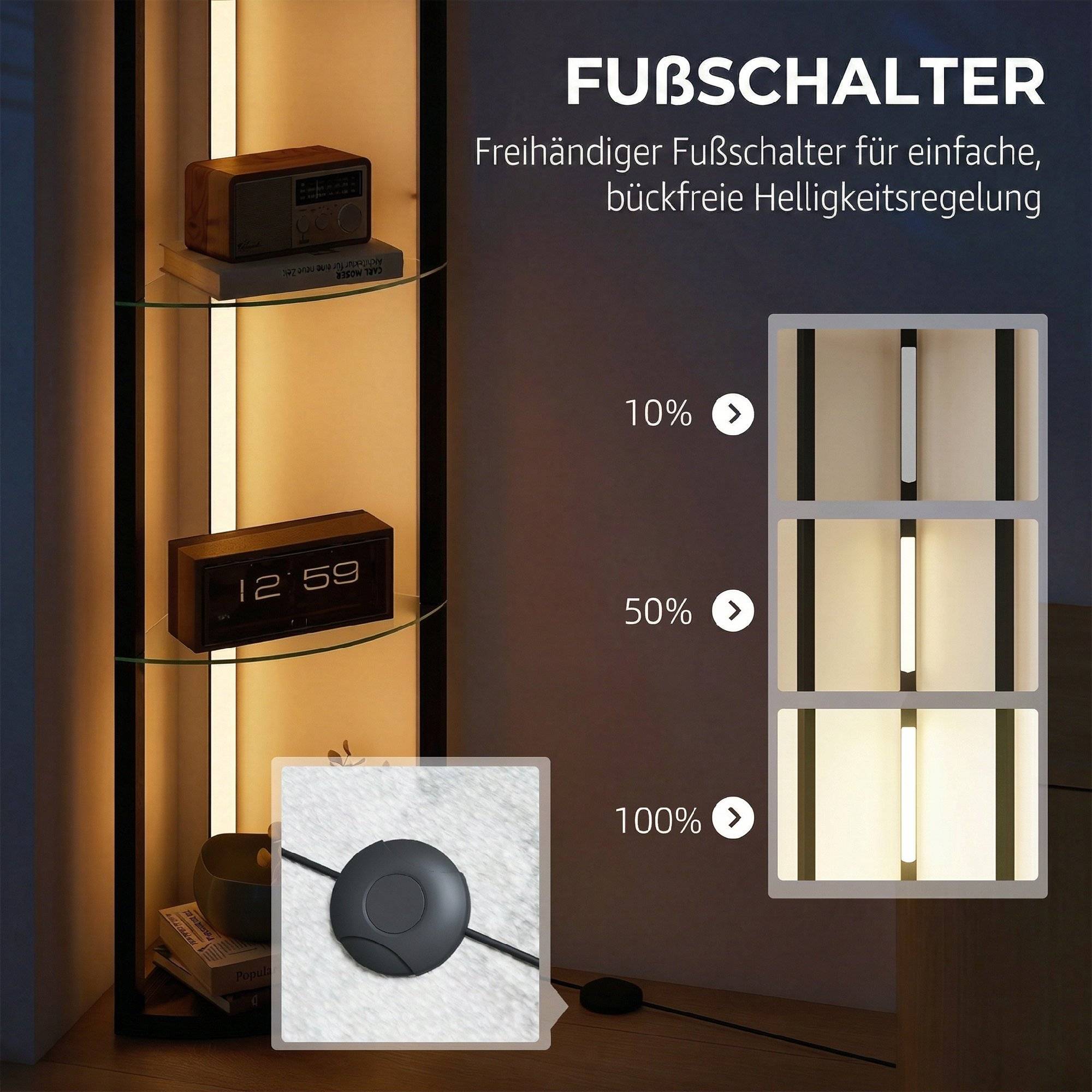 Lampadaire LED avec étagère en verre, 3 niveaux de luminosité, interrupteur au pied, pour salon ou chambre, noir - Image 8