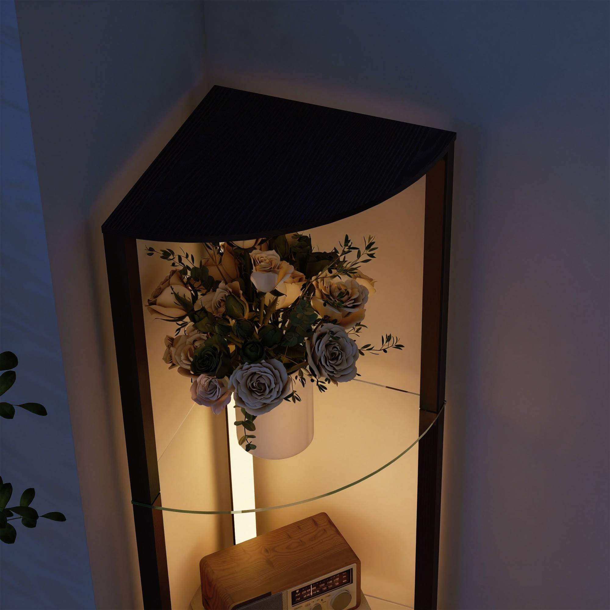 Lampadaire LED avec étagère en verre, 3 niveaux de luminosité, interrupteur au pied, pour salon ou chambre, noir - Image 10