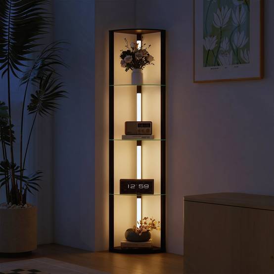 Lampadaire LED avec étagère en verre, 3 niveaux de luminosité, interrupteur au pied, pour salon ou chambre, noir - Image 4