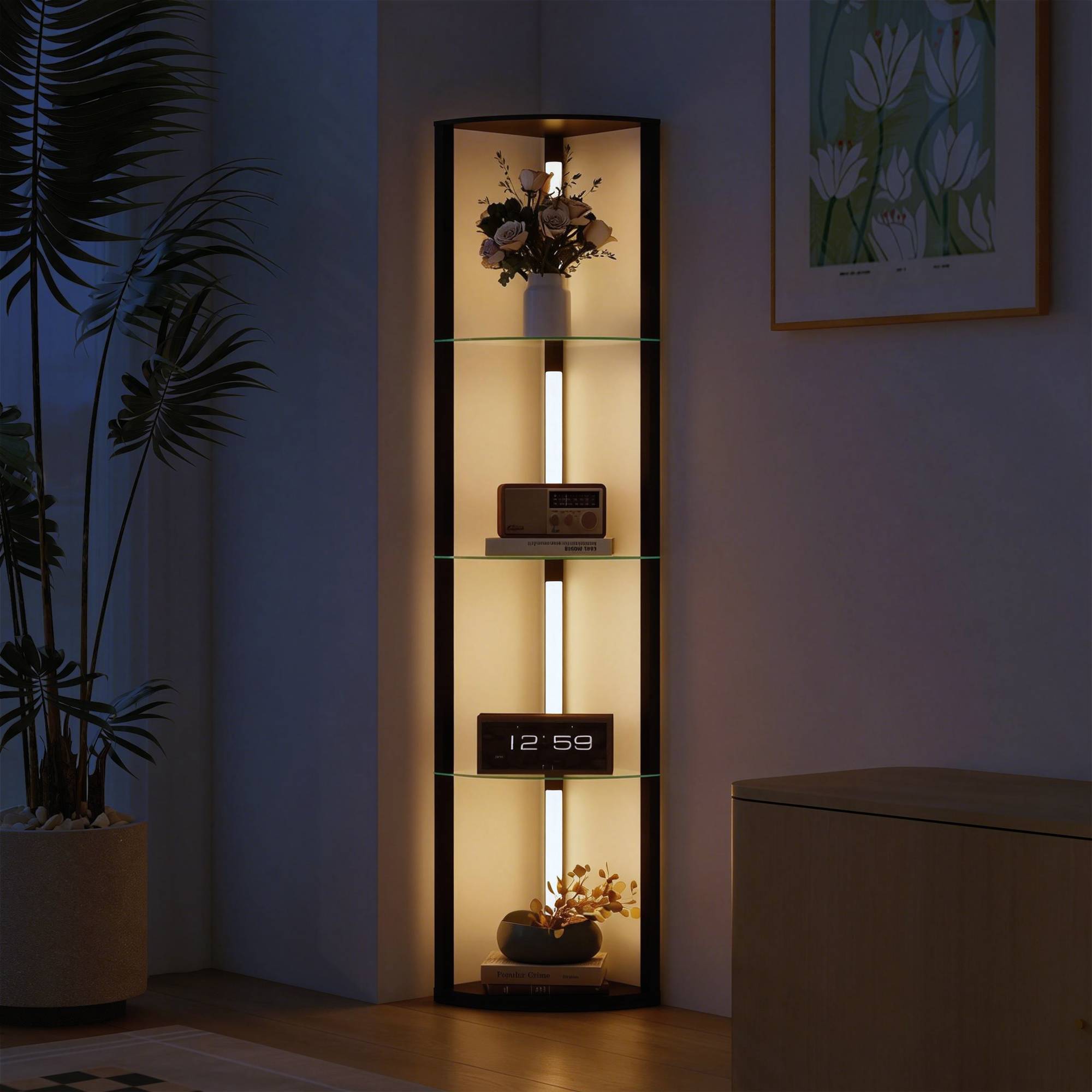 Lampadaire LED avec étagère en verre, 3 niveaux de luminosité, interrupteur au pied, pour salon ou chambre, noir - Image 4