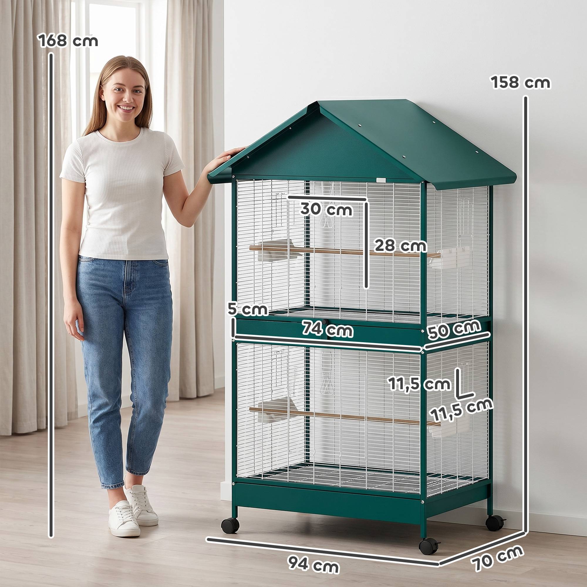 Cage à oiseaux sur roulettes avec séparateur amovible, 4 mangeoires et 2 perchoirs, 2 plateaux coulissants, 94x70x158cm - Image 5