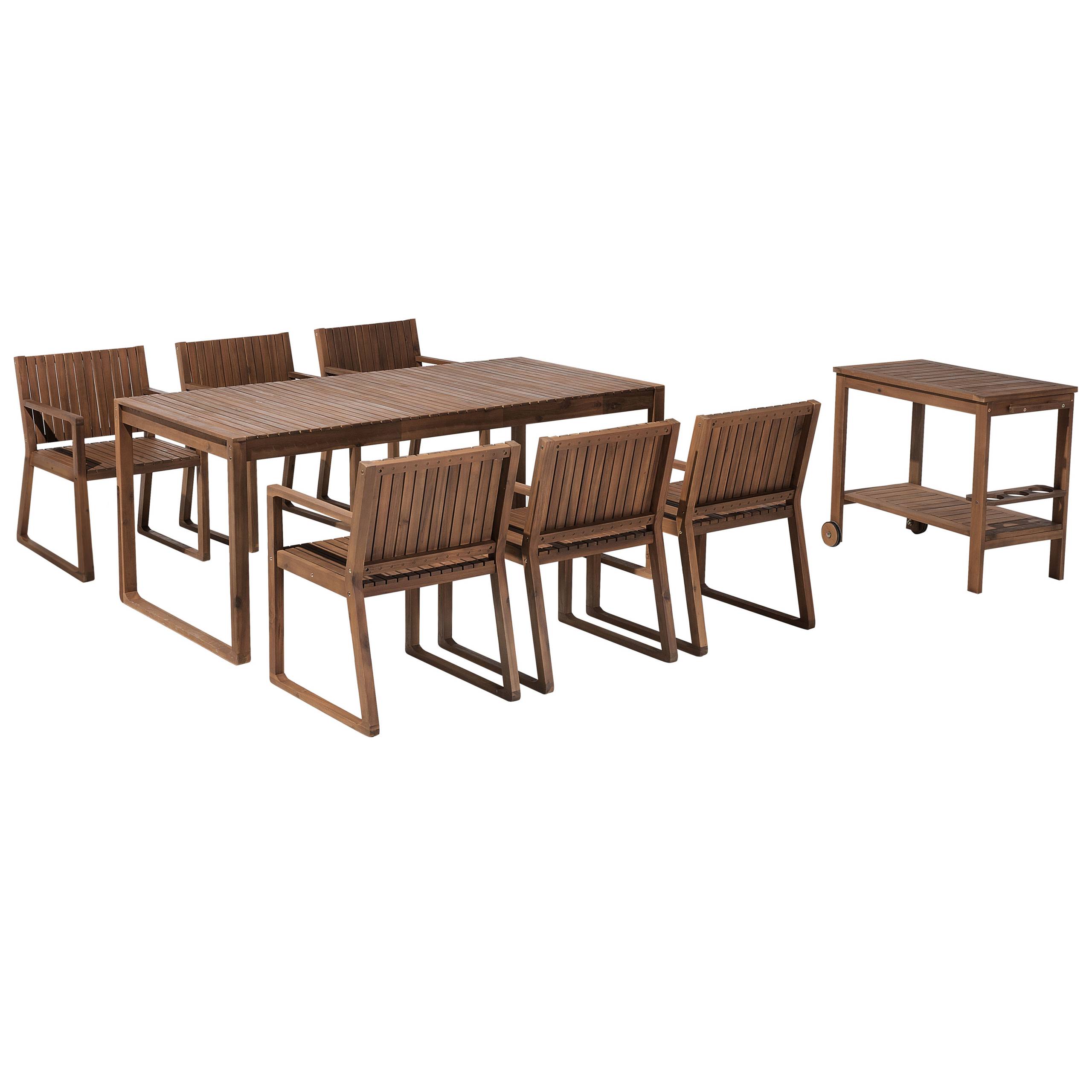 Beliani - Ensemble de Jardin en Bois d'Acacia Foncé 180 x 90 cm Table et 6 Chaises avec Chariot à Roulettes Mobilier Extérieur Rustique - Image 1