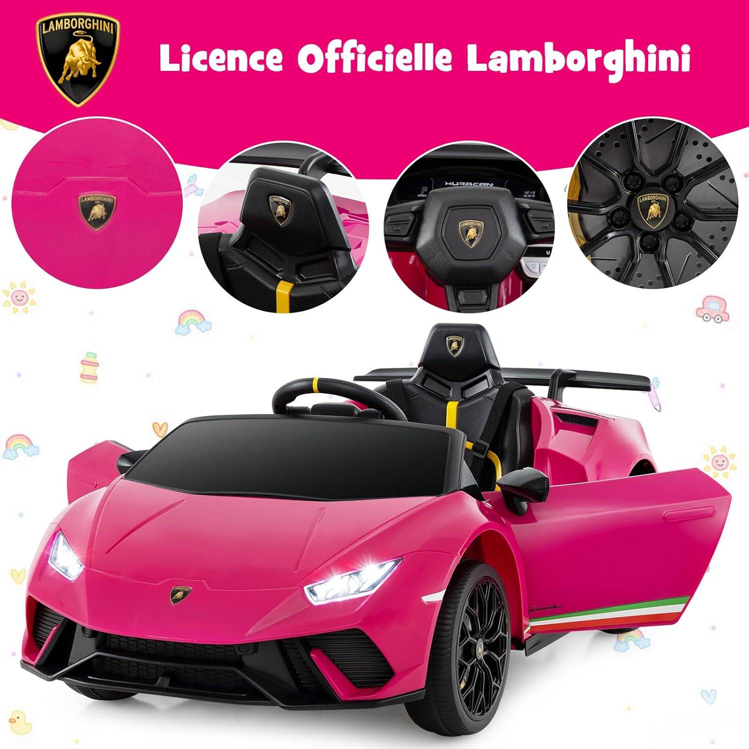COSTWAY Lamborghini 12V électrique Enfant – Télécommande 2,4G, LED, Musique, Démarrage Lent, Charge 30 Kg, 3-8 Ans, Rose