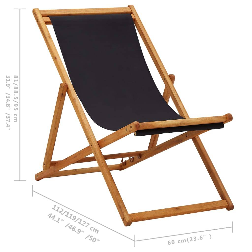 Chaise pliable de plage Bois d'eucalyptus et tissu noir 60 x 112/119/127 x 81/88,5/95 cm - PANGIVO - Image 9