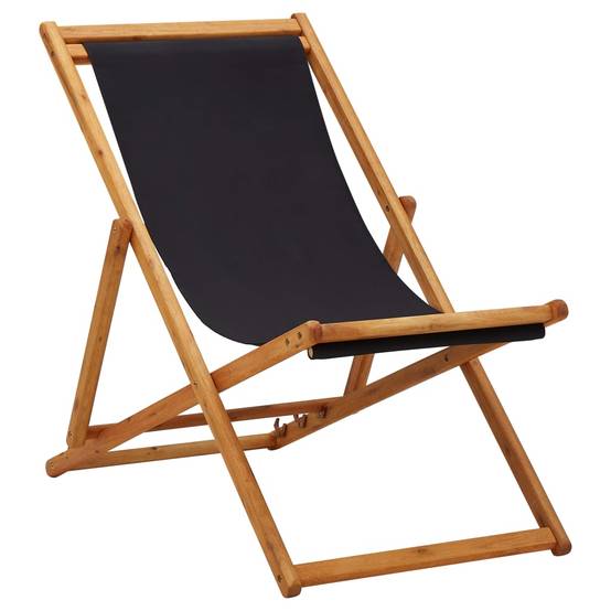Chaise pliable de plage Bois d'eucalyptus et tissu noir 60 x 112/119/127 x 81/88,5/95 cm - PANGIVO - Image 1