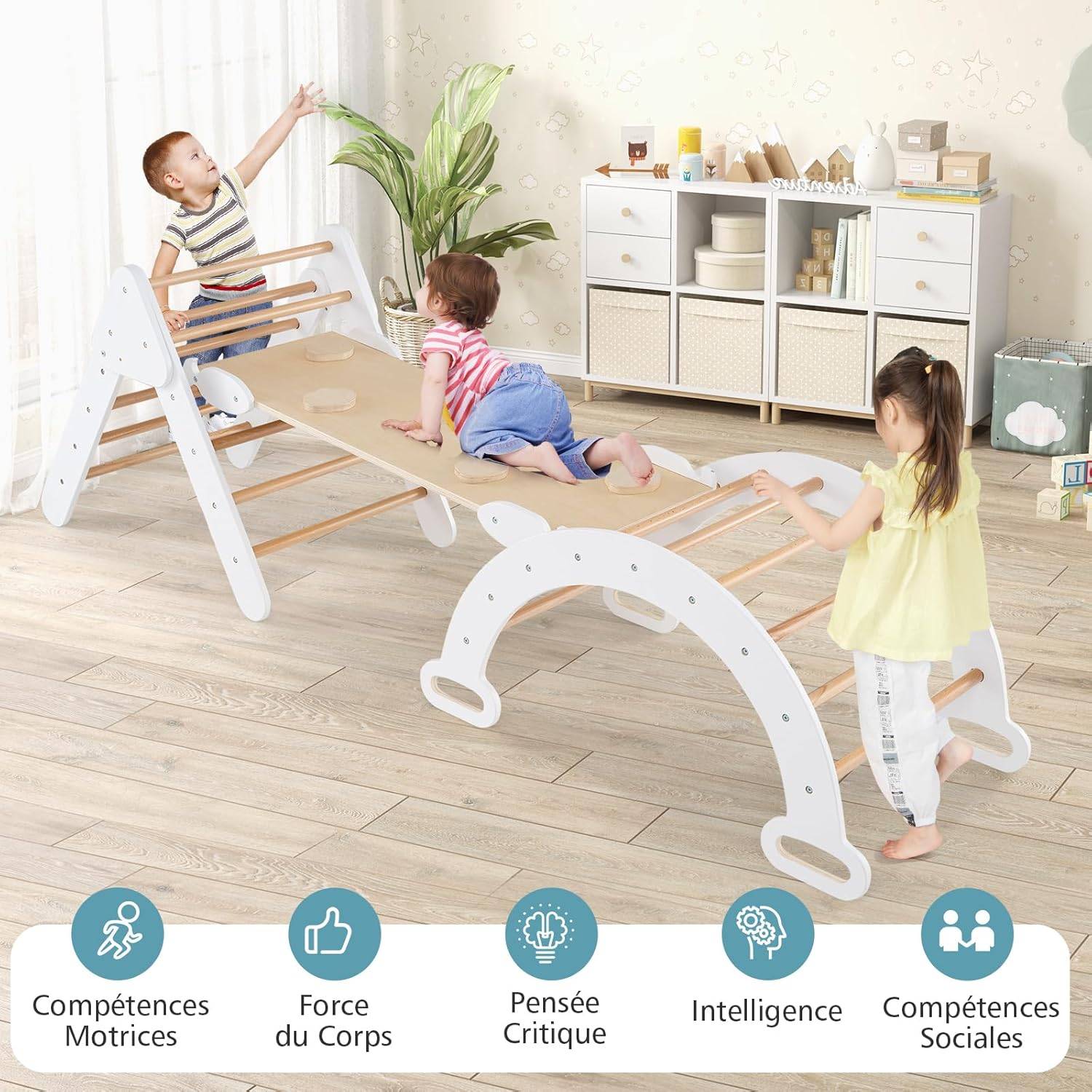 Costway - 7 en 1 Triangle d'escalade Montessori Enfants avec Rampe Double Face, Arc d'escalade en Bois Hêtre avec Toboggan & Échelle, Charge Max 50KG - Image 7