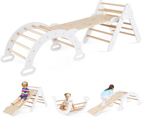 Costway - 7 en 1 Triangle d'escalade Montessori Enfants avec Rampe Double Face, Arc d'escalade en Bois Hêtre avec Toboggan & Échelle, Charge Max 50KG - Image 1