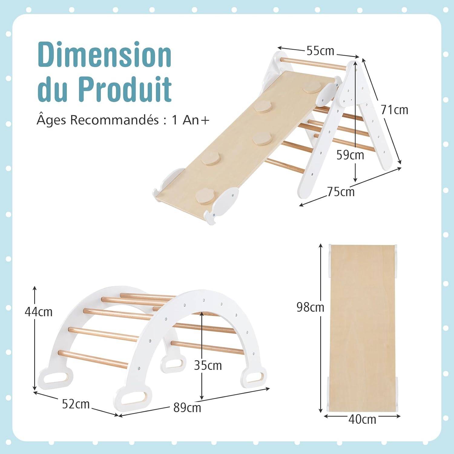Costway - 7 en 1 Triangle d'escalade Montessori Enfants avec Rampe Double Face, Arc d'escalade en Bois Hêtre avec Toboggan & Échelle, Charge Max 50KG - Image 5