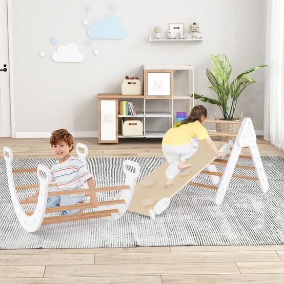 Costway - 7 en 1 Triangle d'escalade Montessori Enfants avec Rampe Double Face, Arc d'escalade en Bois Hêtre avec Toboggan & Échelle, Charge Max 50KG - Image 9