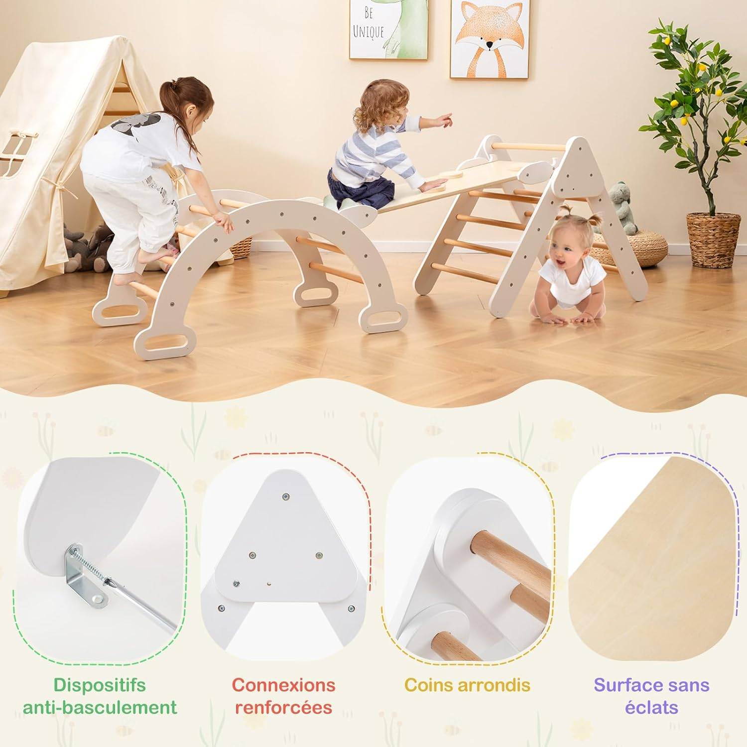 Costway - 7 en 1 Triangle d'escalade Montessori Enfants avec Rampe Double Face, Arc d'escalade en Bois Hêtre avec Toboggan & Échelle, Charge Max 50KG - Image 8