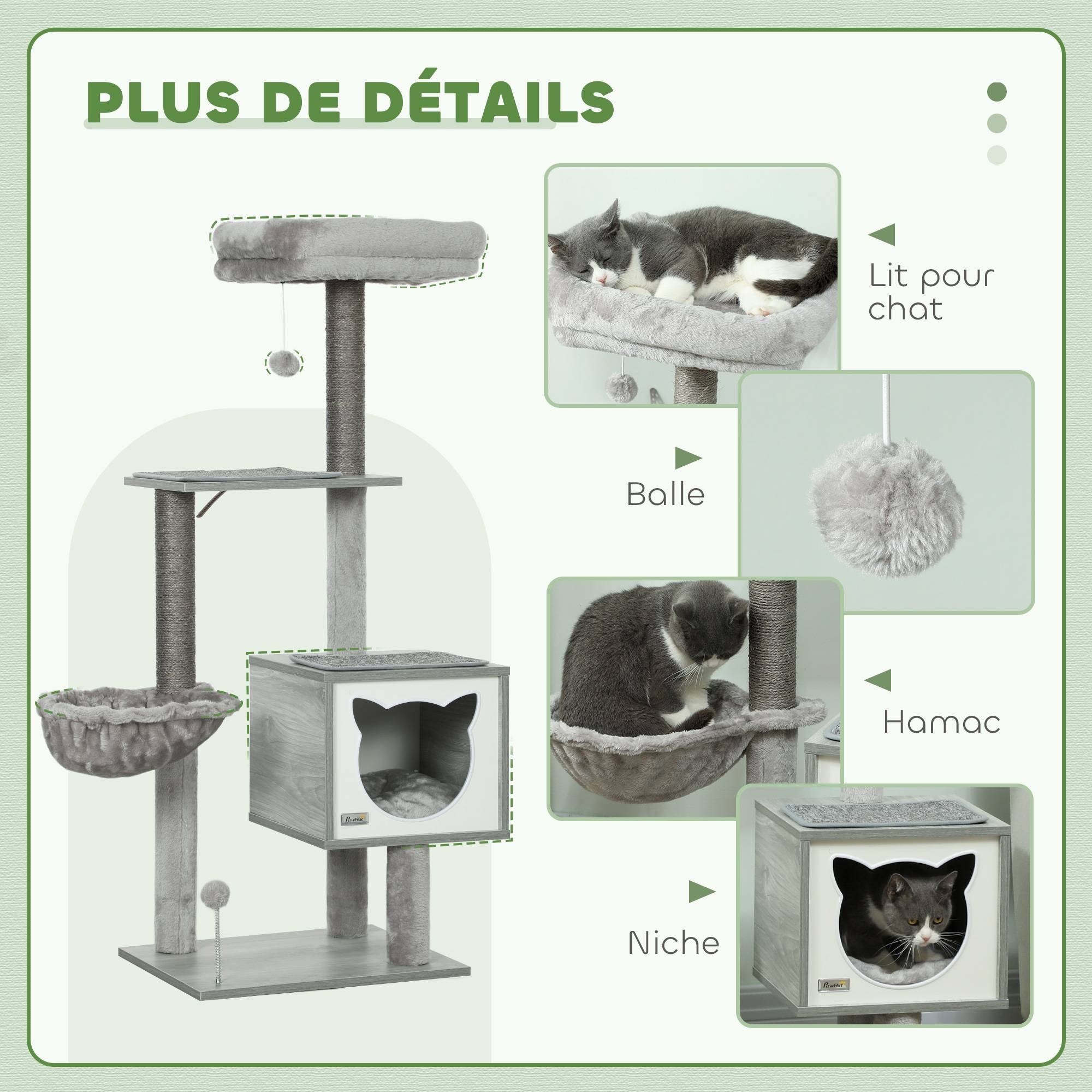 Arbre à chat sisal et peluche gris 48 x 40 x 126 cm - PANGIVO - Image 8