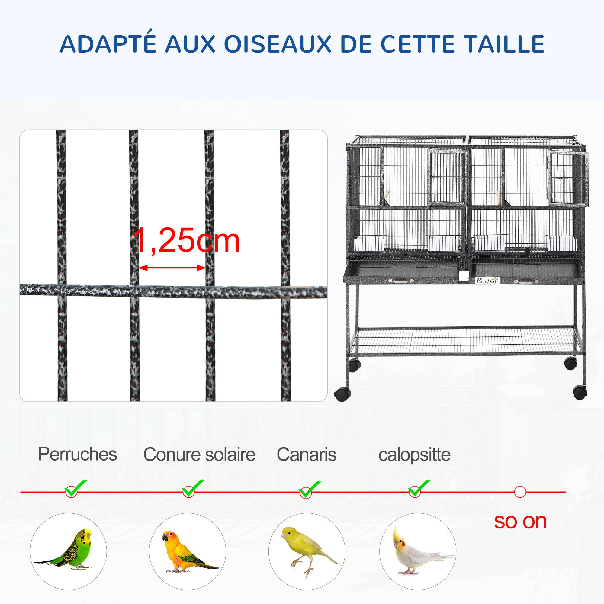 Cage à oiseaux avec séparation mangeoire et perchoir 95L x 45,5l x 102H cm Noir et Gris - Image 7