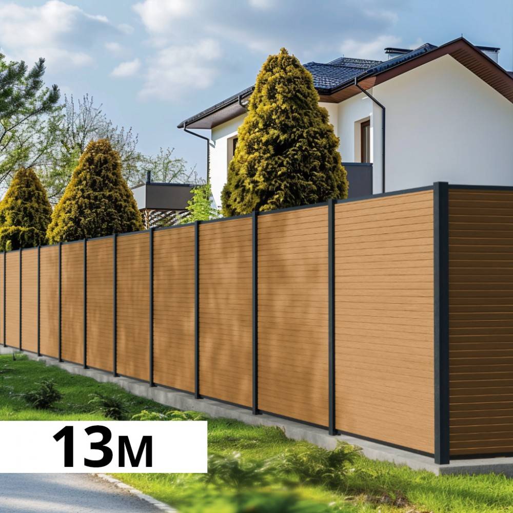 Kit Clôture Bois Composite Cèdre 12,85x1,8m SANTOS - Poteaux en Aluminium Gris - Brise Vue - Palissade - Image 1