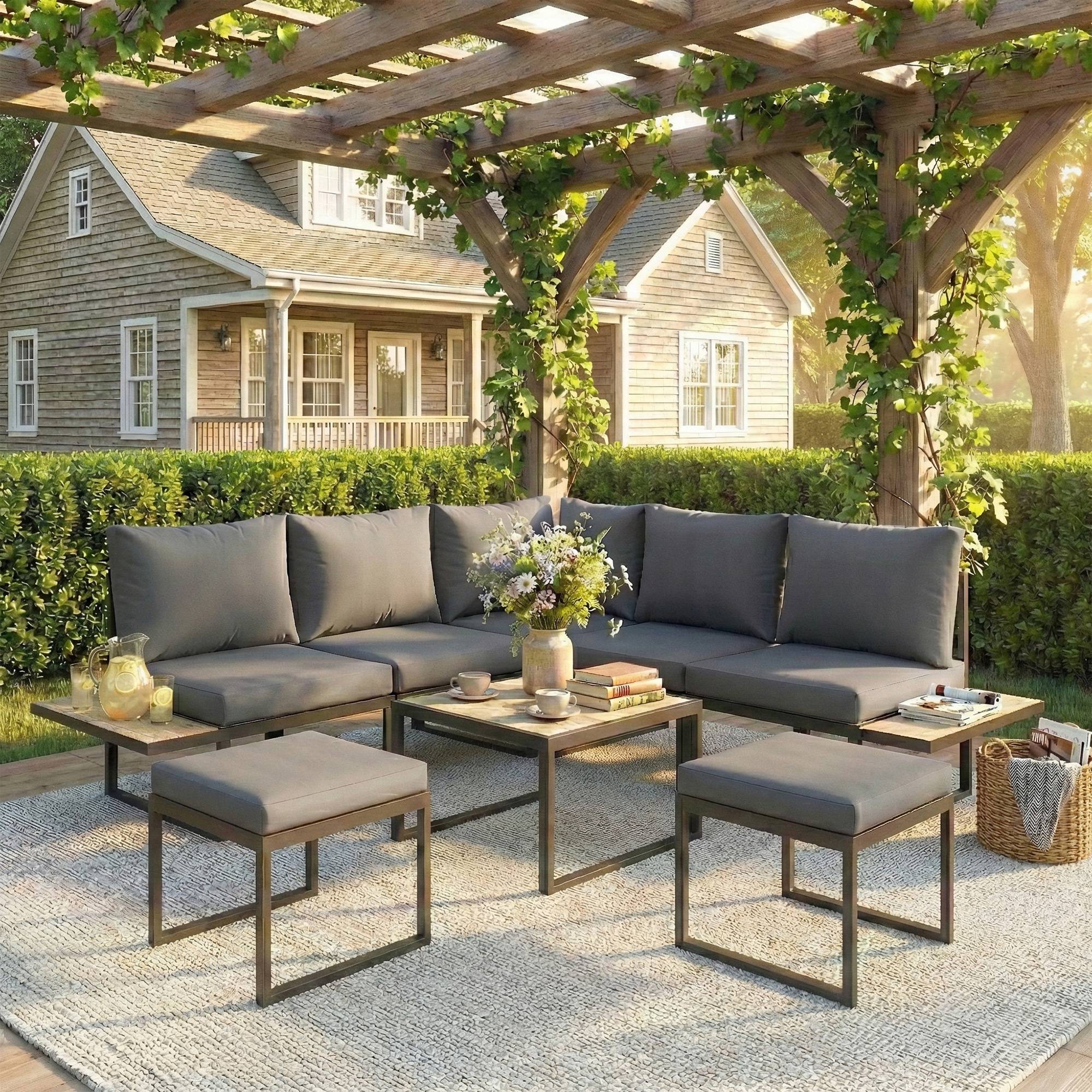 Salon de jardin extérieur 6 personnes modulable table basse et plateaux latéraux en bois PSPC coussins épais 10cm gris - Image 3
