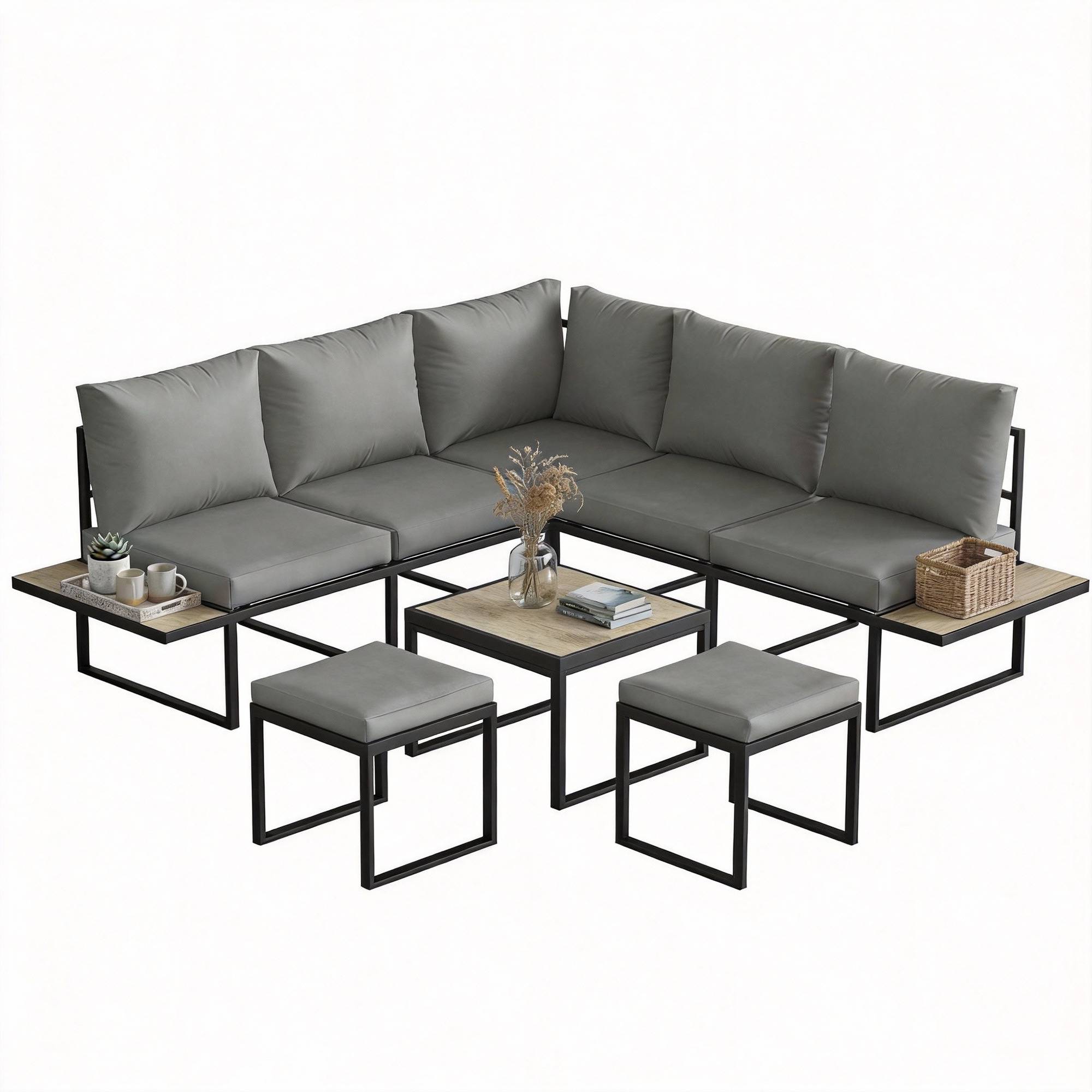 Salon de jardin extérieur 6 personnes modulable table basse et plateaux latéraux en bois PSPC coussins épais 10cm gris - Image 2