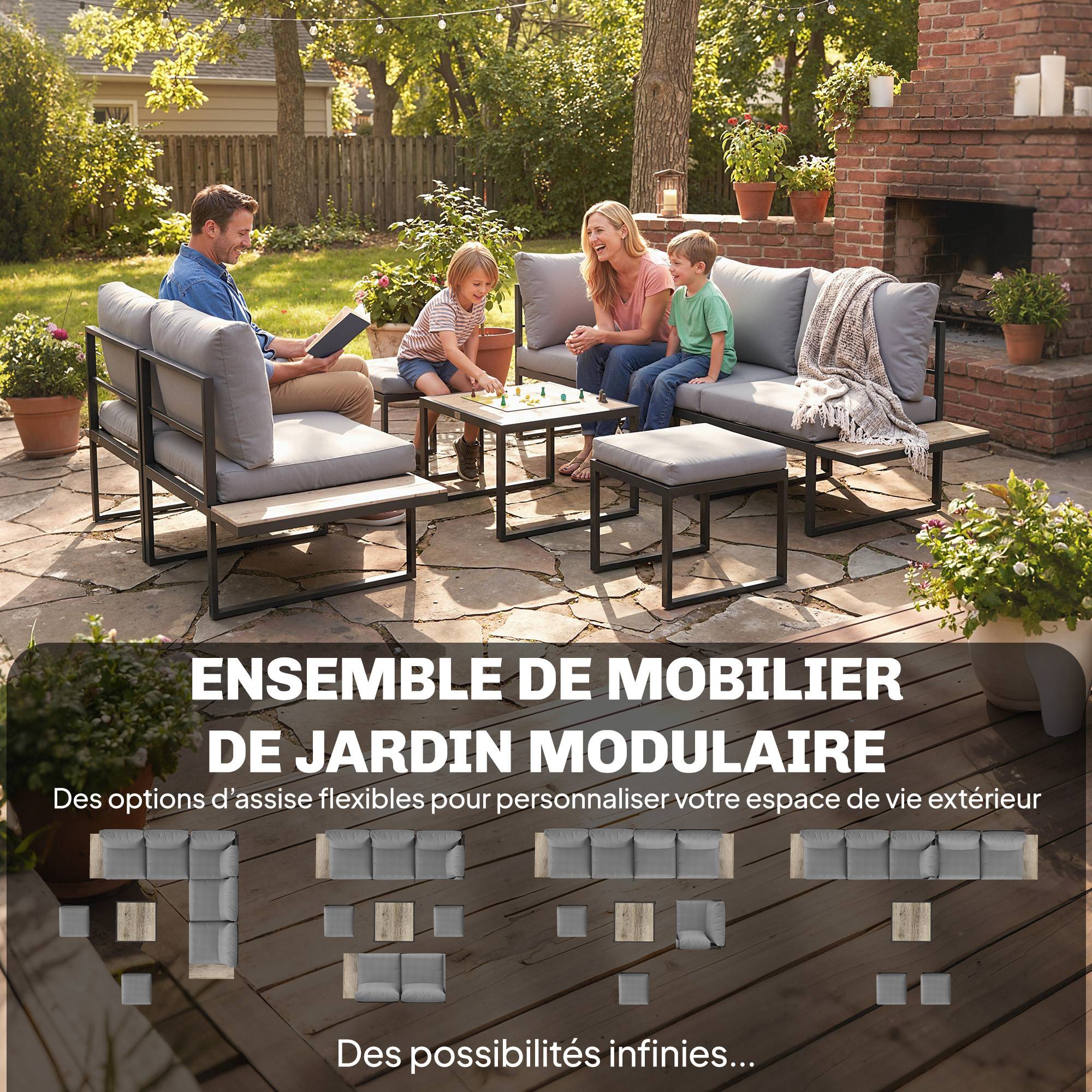 Salon de jardin extérieur 6 personnes modulable table basse et plateaux latéraux en bois PSPC coussins épais 10cm gris - Image 6