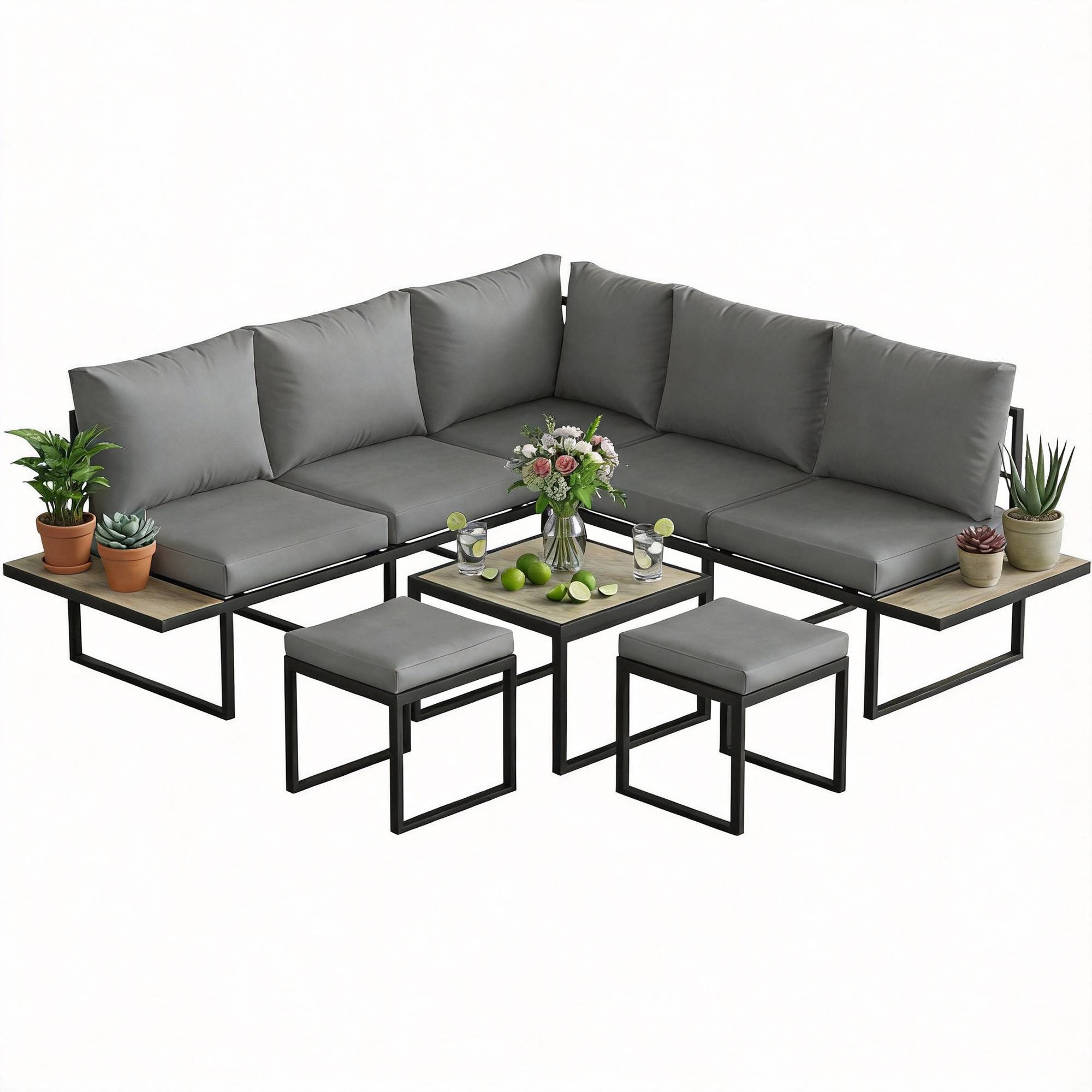 Salon de jardin extérieur 6 personnes modulable table basse et plateaux latéraux en bois PSPC coussins épais 10cm gris - Image 1