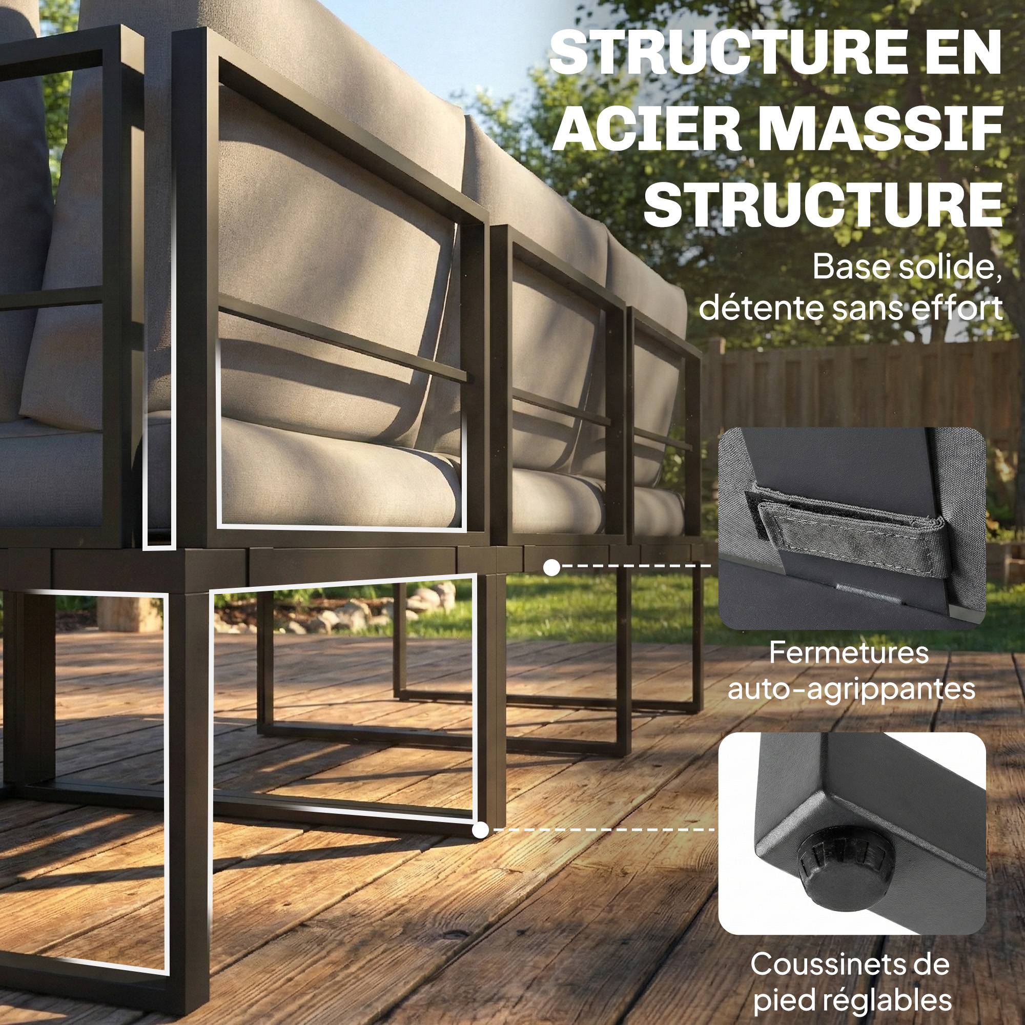 Salon de jardin extérieur 6 personnes modulable table basse et plateaux latéraux en bois PSPC coussins épais 10cm gris - Image 10