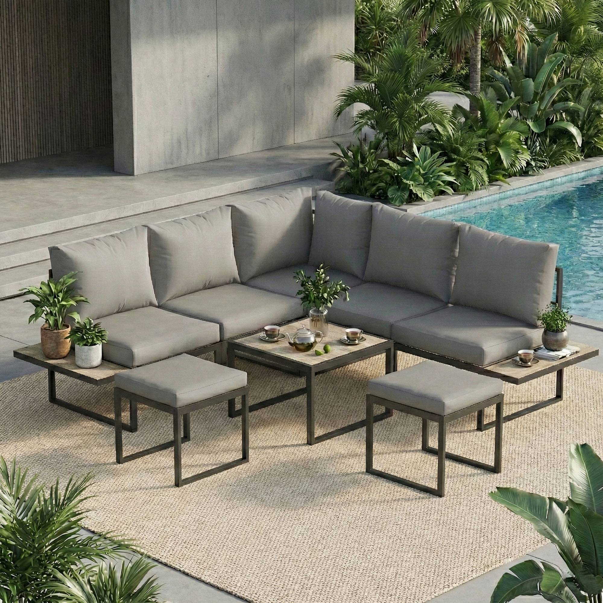 Salon de jardin extérieur 6 personnes modulable table basse et plateaux latéraux en bois PSPC coussins épais 10cm gris - Image 4