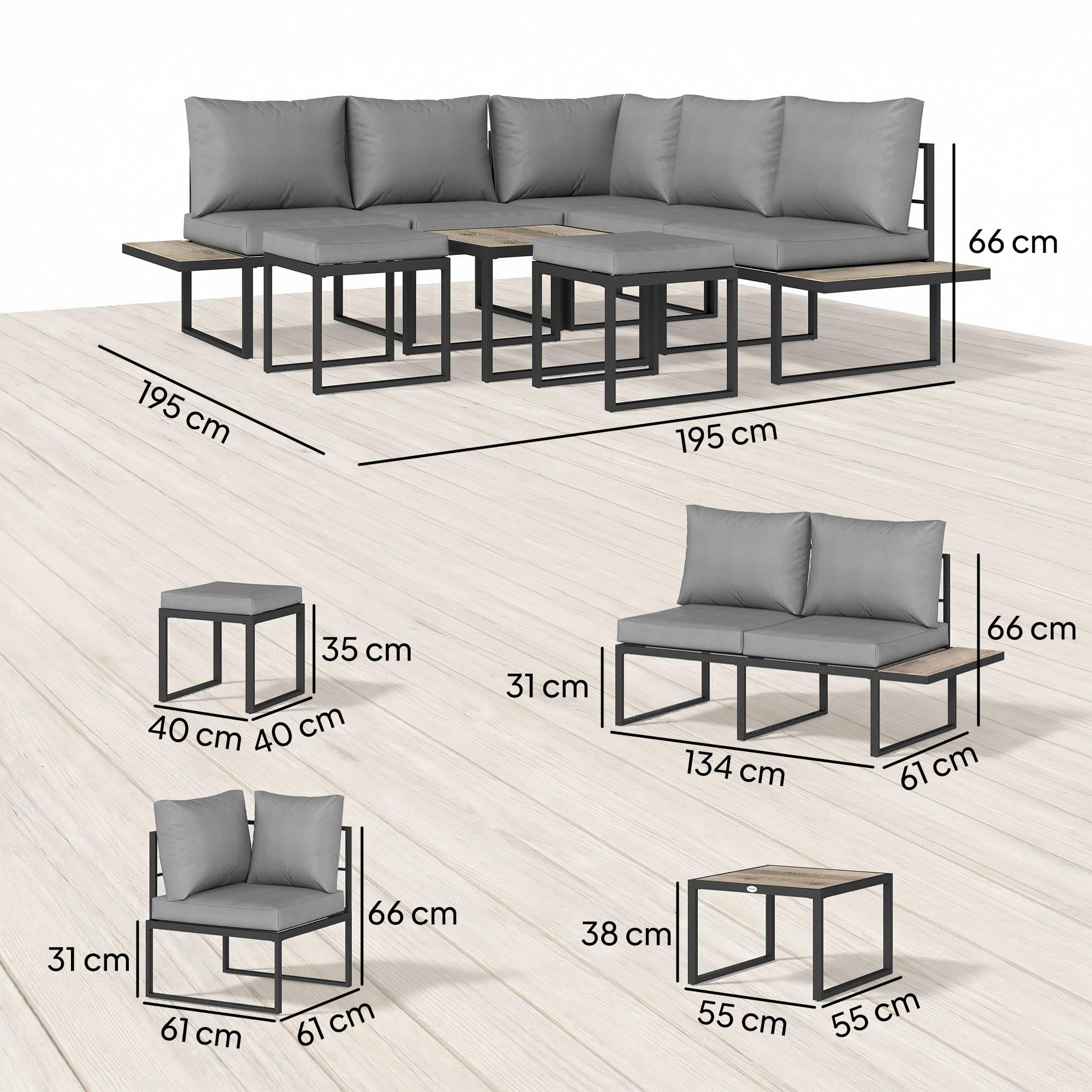 Salon de jardin extérieur 6 personnes modulable table basse et plateaux latéraux en bois PSPC coussins épais 10cm gris - Image 5