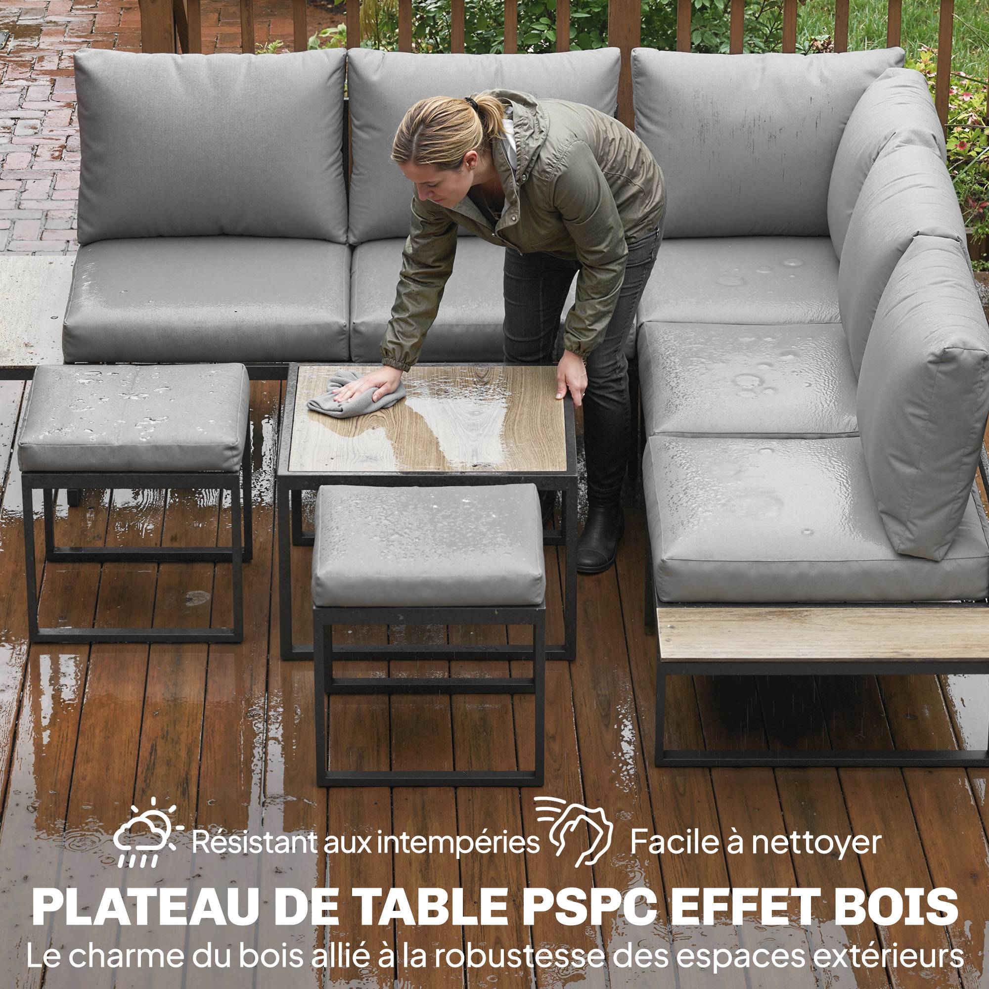 Salon de jardin extérieur 6 personnes modulable table basse et plateaux latéraux en bois PSPC coussins épais 10cm gris - Image 9