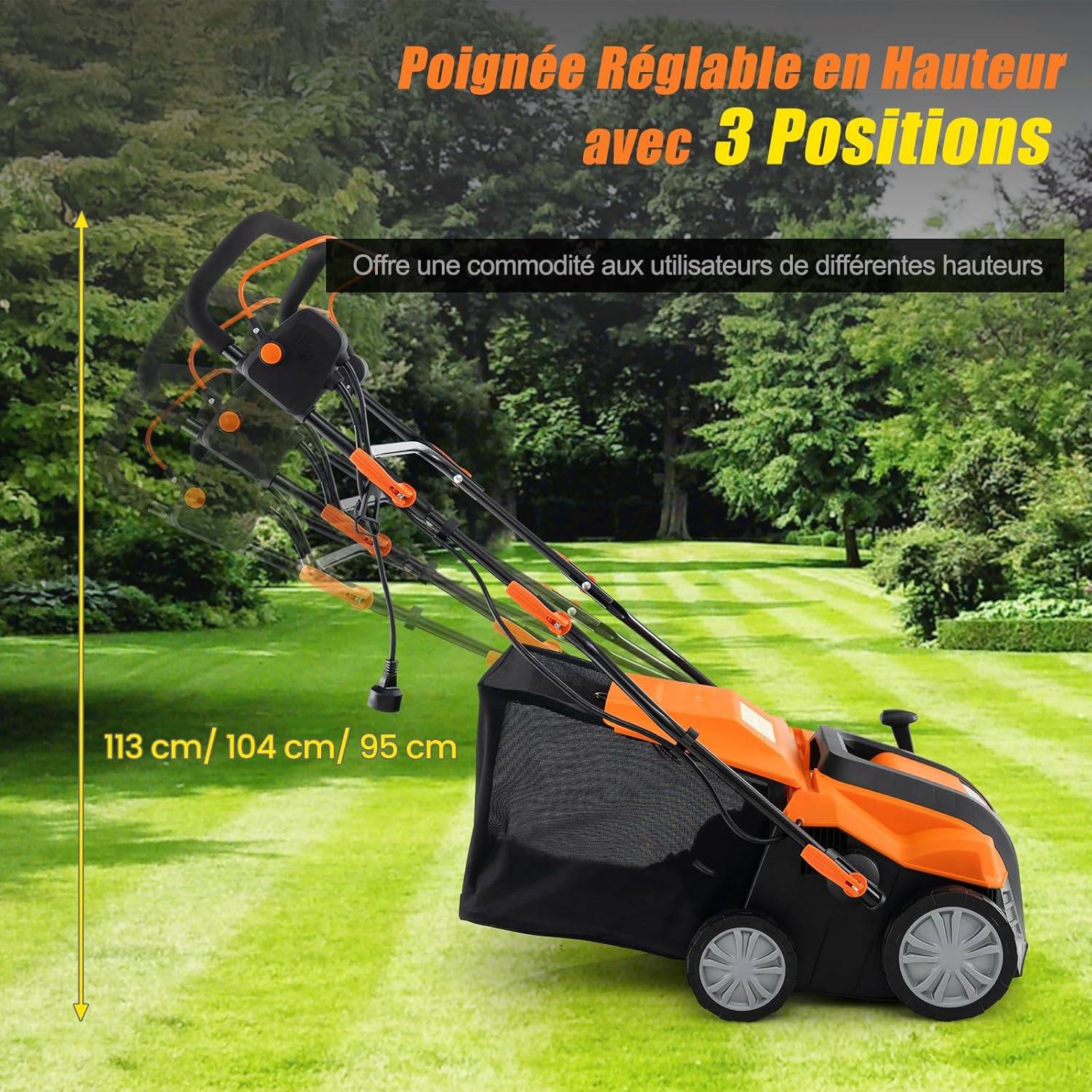 Scarificateur de Pelouse Électrique 2 en 1 de 15A, avec Double Interrupteur de Sécurité Réglable à 5 Positions Sac de Ramassage 55 L, Orange - Image 6