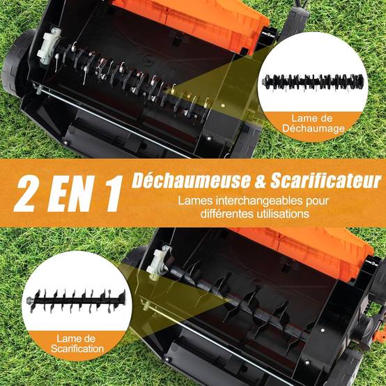 Scarificateur de Pelouse Électrique 2 en 1 de 15A, avec Double Interrupteur de Sécurité Réglable à 5 Positions Sac de Ramassage 55 L, Orange - Image 7