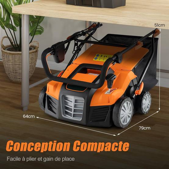 Scarificateur de Pelouse Électrique 2 en 1 de 15A, avec Double Interrupteur de Sécurité Réglable à 5 Positions Sac de Ramassage 55 L, Orange - Image 9