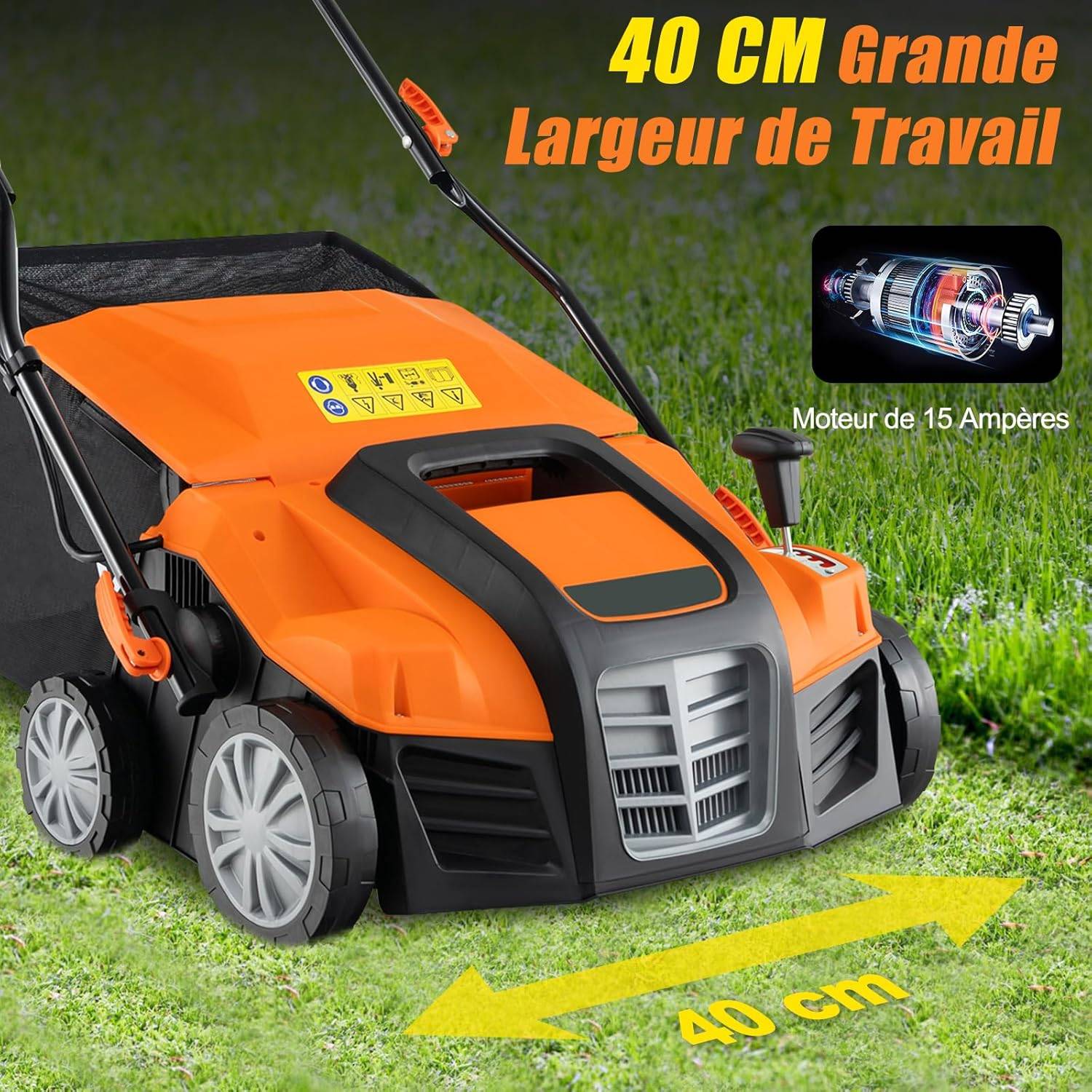 Scarificateur de Pelouse Électrique 2 en 1 de 15A, avec Double Interrupteur de Sécurité Réglable à 5 Positions Sac de Ramassage 55 L, Orange - Image 3