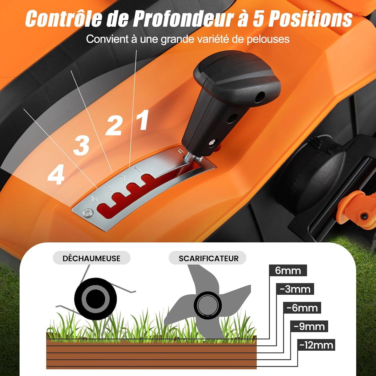 Scarificateur de Pelouse Électrique 2 en 1 de 15A, avec Double Interrupteur de Sécurité Réglable à 5 Positions Sac de Ramassage 55 L, Orange - Image 8