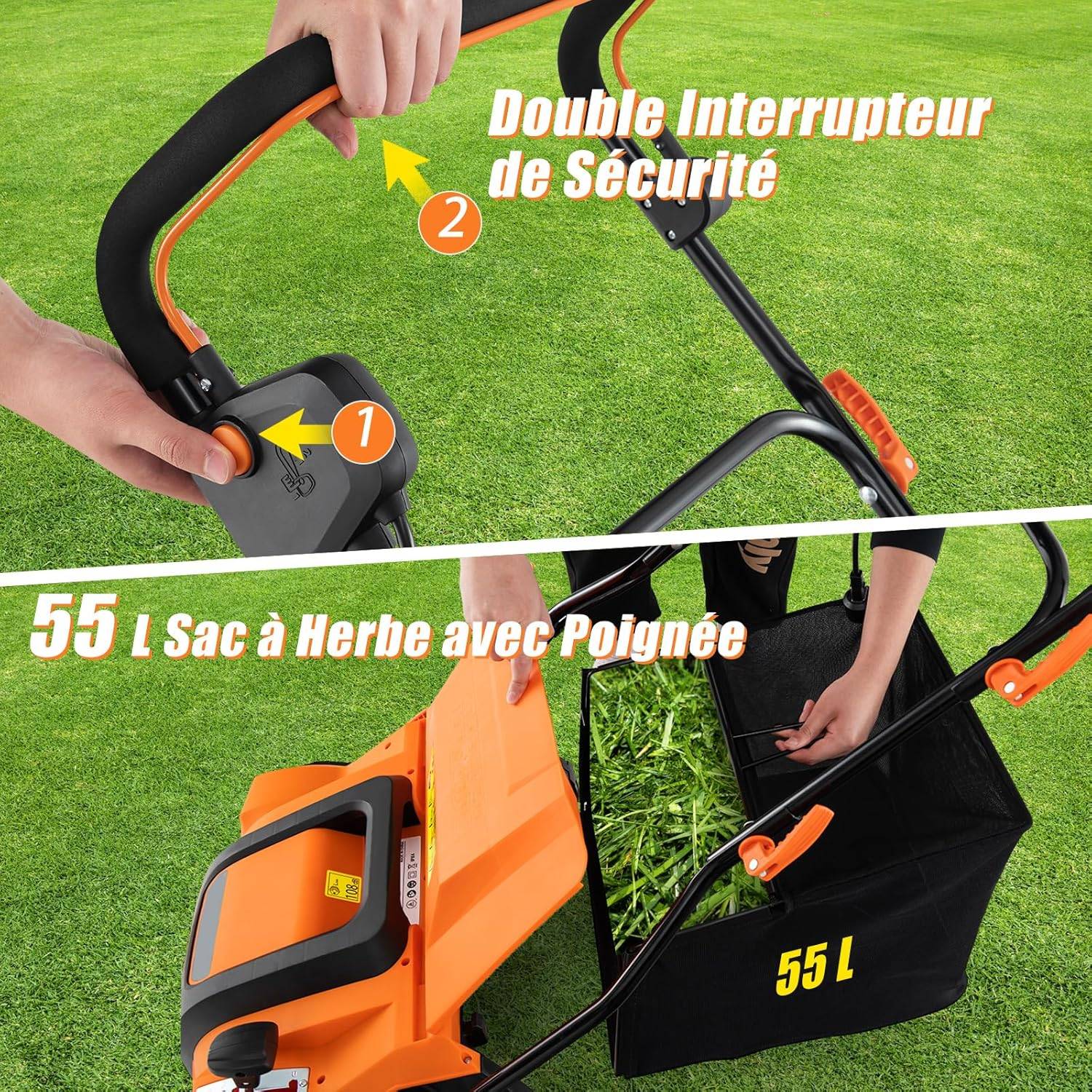 Scarificateur de Pelouse Électrique 2 en 1 de 15A, avec Double Interrupteur de Sécurité Réglable à 5 Positions Sac de Ramassage 55 L, Orange - Image 4