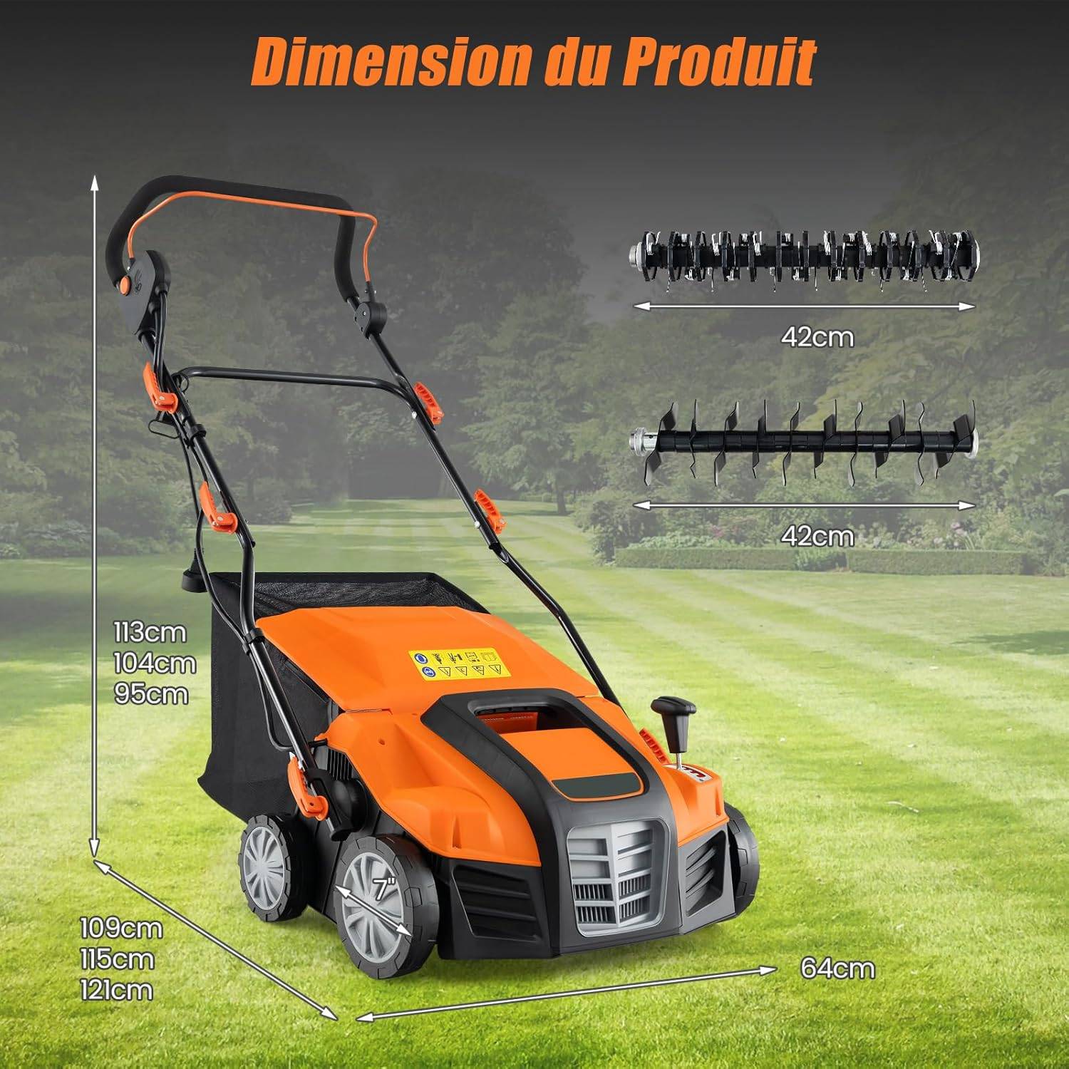 Scarificateur de Pelouse Électrique 2 en 1 de 15A, avec Double Interrupteur de Sécurité Réglable à 5 Positions Sac de Ramassage 55 L, Orange - Image 5