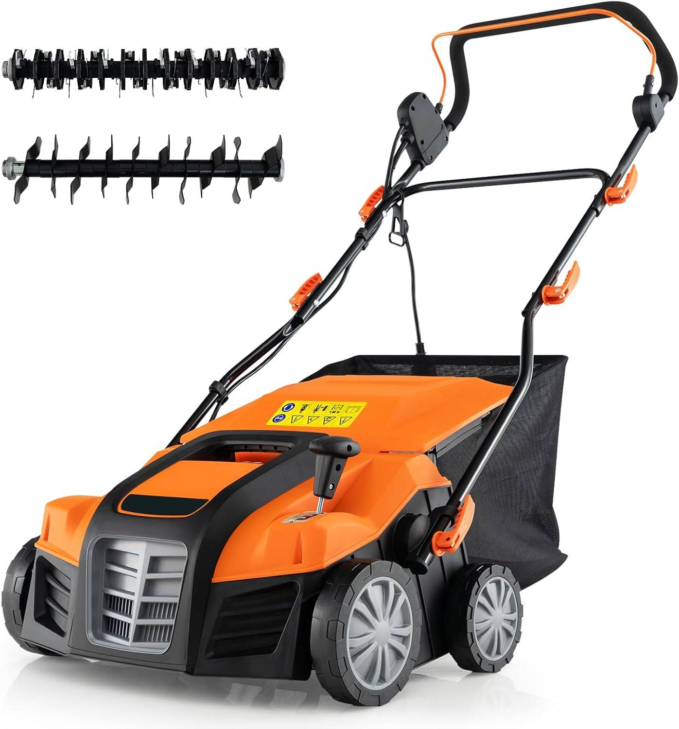 Scarificateur de Pelouse Électrique 2 en 1 de 15A, avec Double Interrupteur de Sécurité Réglable à 5 Positions Sac de Ramassage 55 L, Orange - Image 1