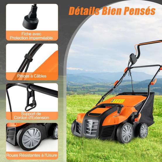 Scarificateur de Pelouse Électrique 2 en 1 de 15A, avec Double Interrupteur de Sécurité Réglable à 5 Positions Sac de Ramassage 55 L, Orange - Image 2