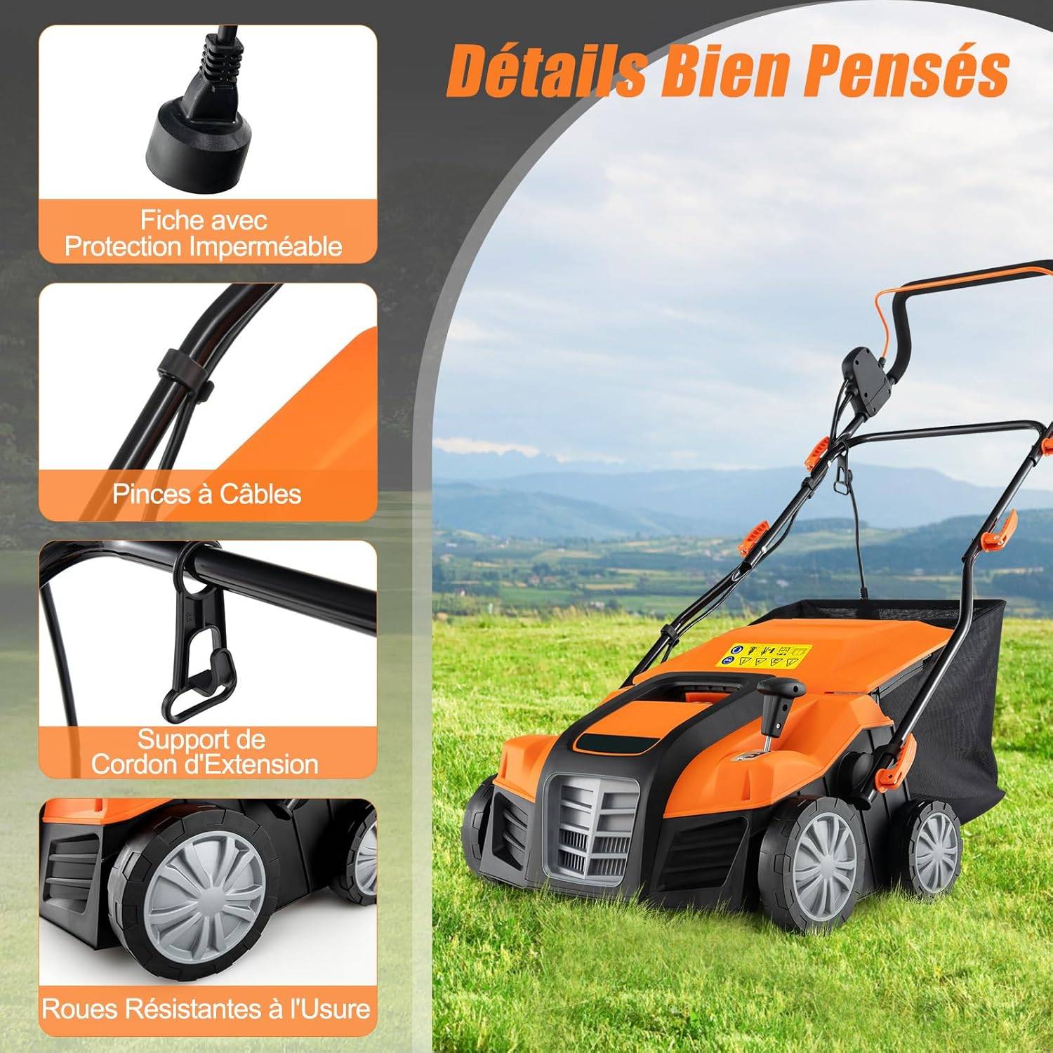 Scarificateur de Pelouse Électrique 2 en 1 de 15A, avec Double Interrupteur de Sécurité Réglable à 5 Positions Sac de Ramassage 55 L, Orange - Image 2