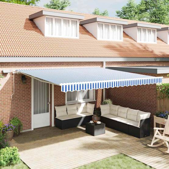 Auvent Rétractable Manuel avec Éclairage LED Mural pour Jardin et Balcon Bleu et Blanc 4,5x3m – ComfortXL Outdoor Living - Image 1