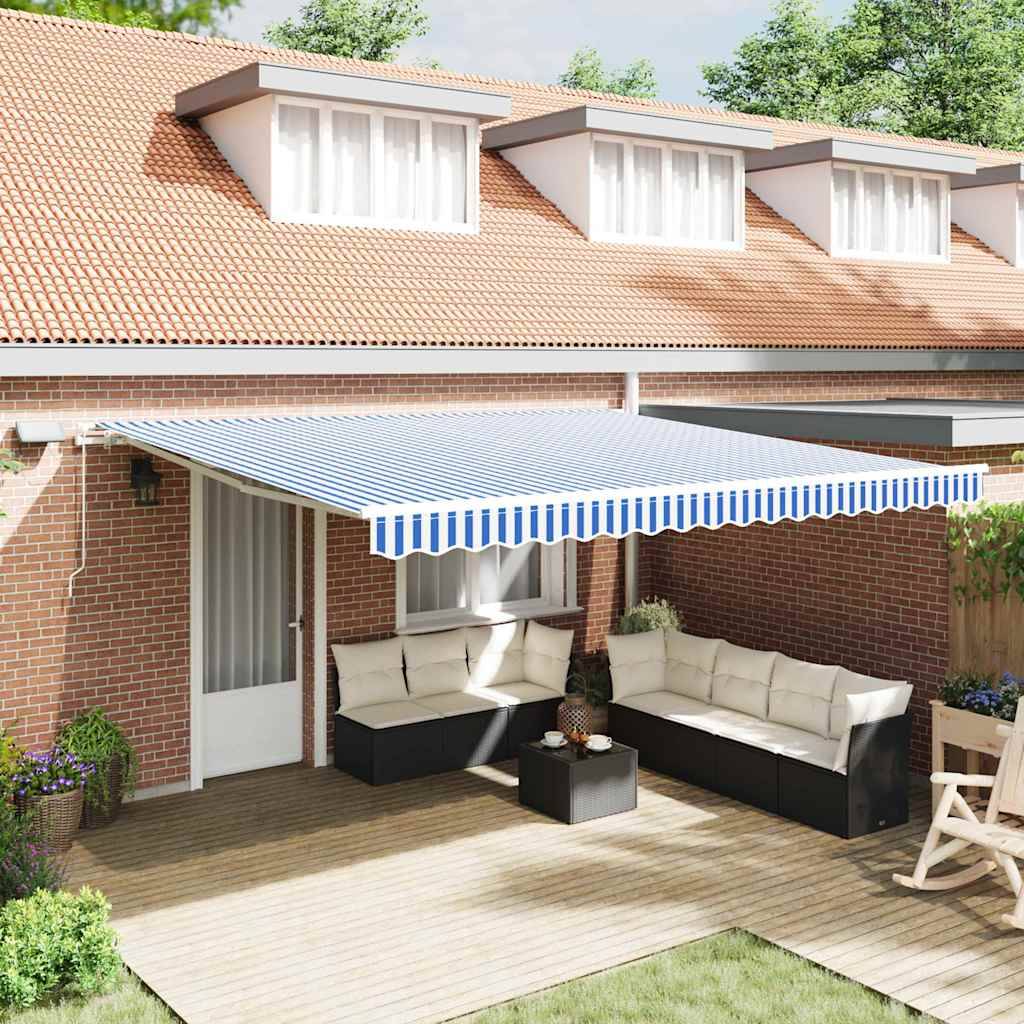 Auvent Rétractable Manuel avec Éclairage LED Mural pour Jardin et Balcon Bleu et Blanc 4,5x3m – ComfortXL Outdoor Living - Image 1