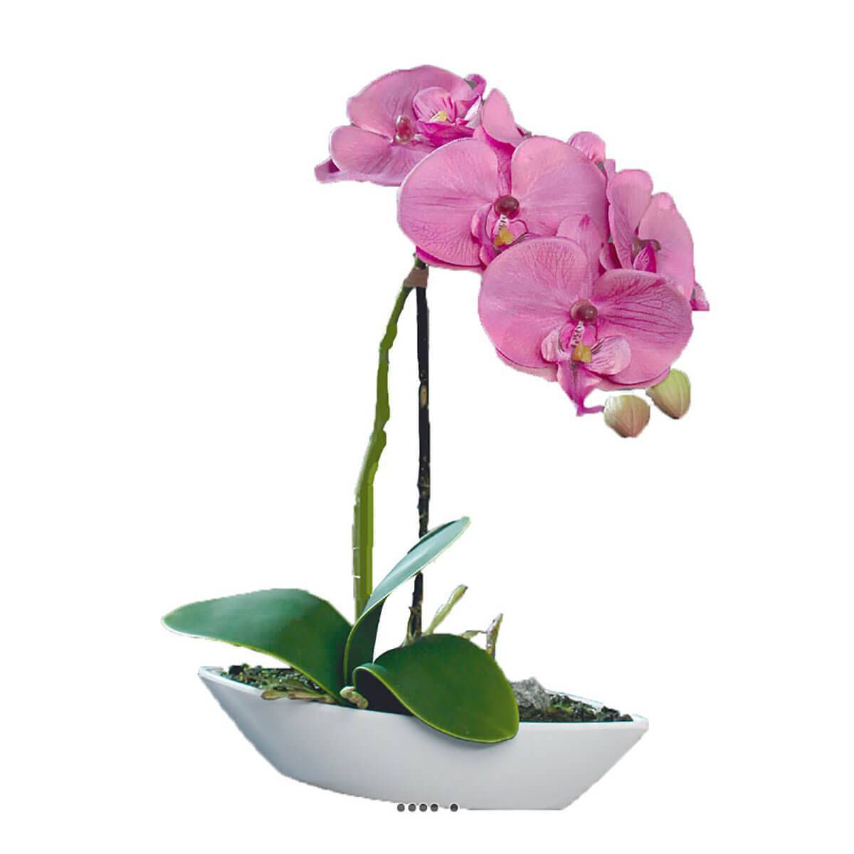 Artificielles - Orchidée factice tissu gaufré pot Résine Blanc ovale H 28 cm Rose-crème - couleur: Rose-crème - Image 1