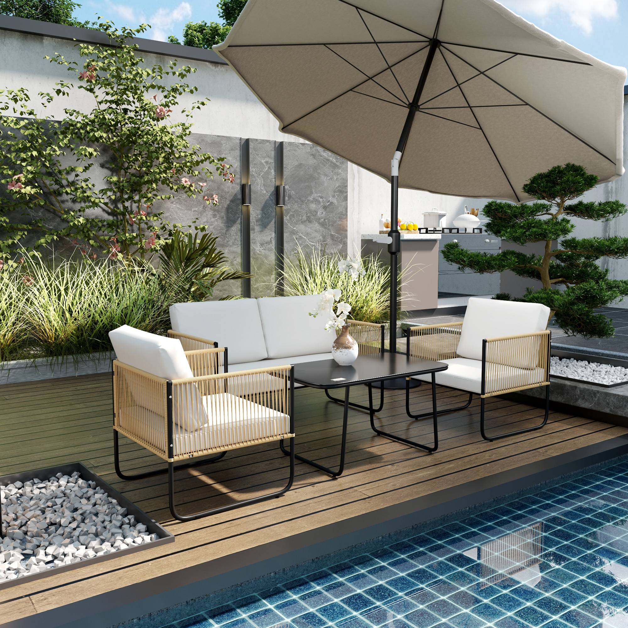 Sans Marque - Salon jardin 4 pièces canapé 2 places 2 fauteuils table basse verre coussins crème blanc - Image 3