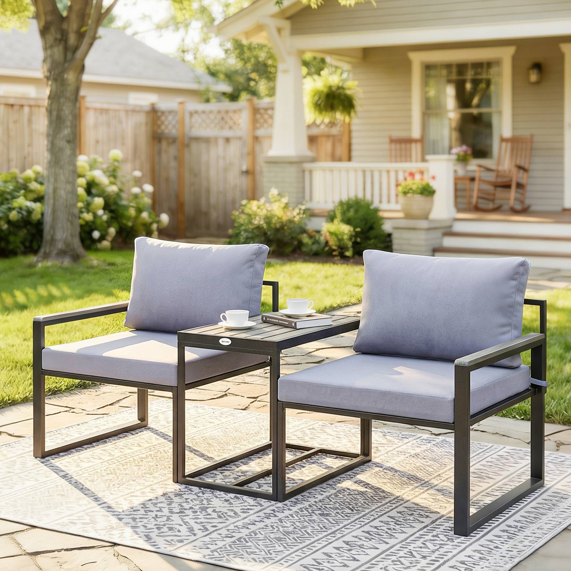 Outsunny - Salon de jardin 3 pièces - ensemble de jardin avec coussins 14cm et accoudoirs en composite bois-plastique - gris - Outsunny - Image 6