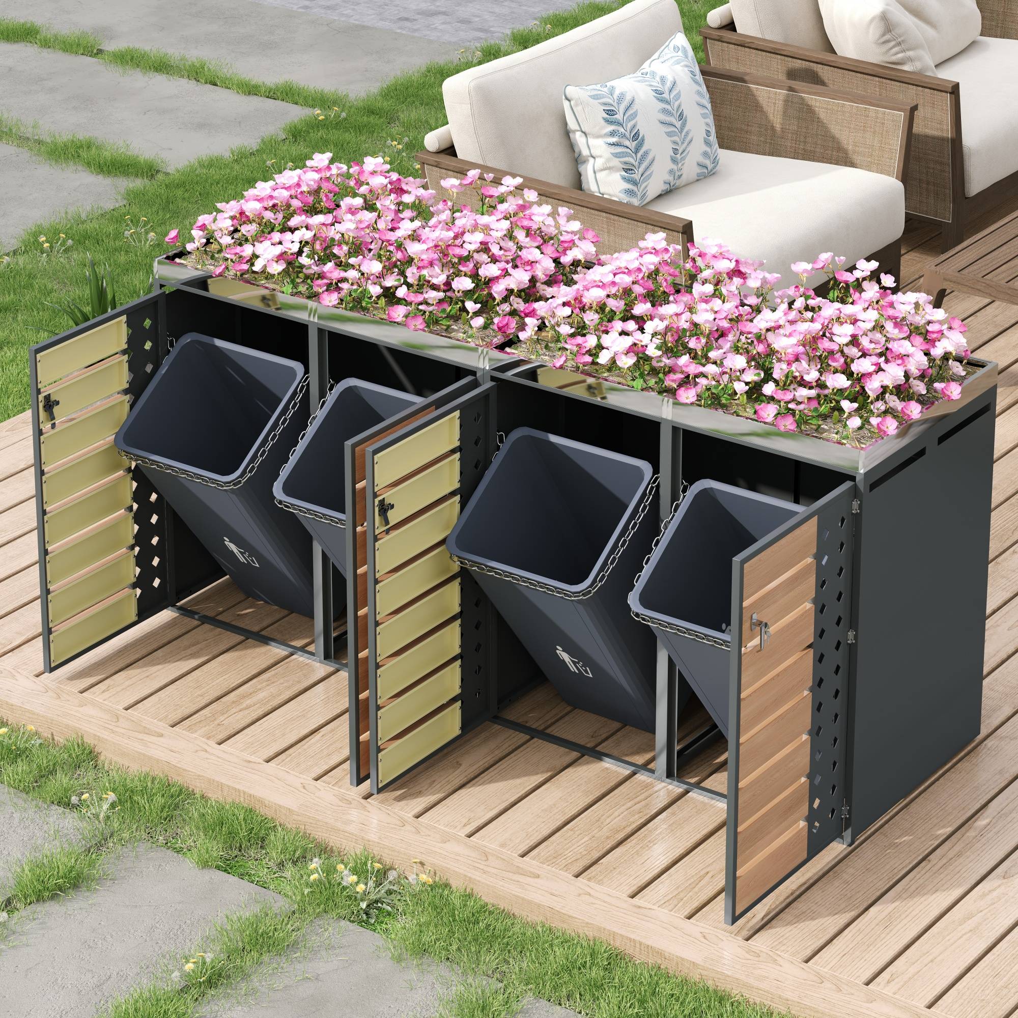Mülltonnenbox avec bois imitation et compartiments de rangement, 132 x 80 x 124,58 cm - PANGIVO - Image 3