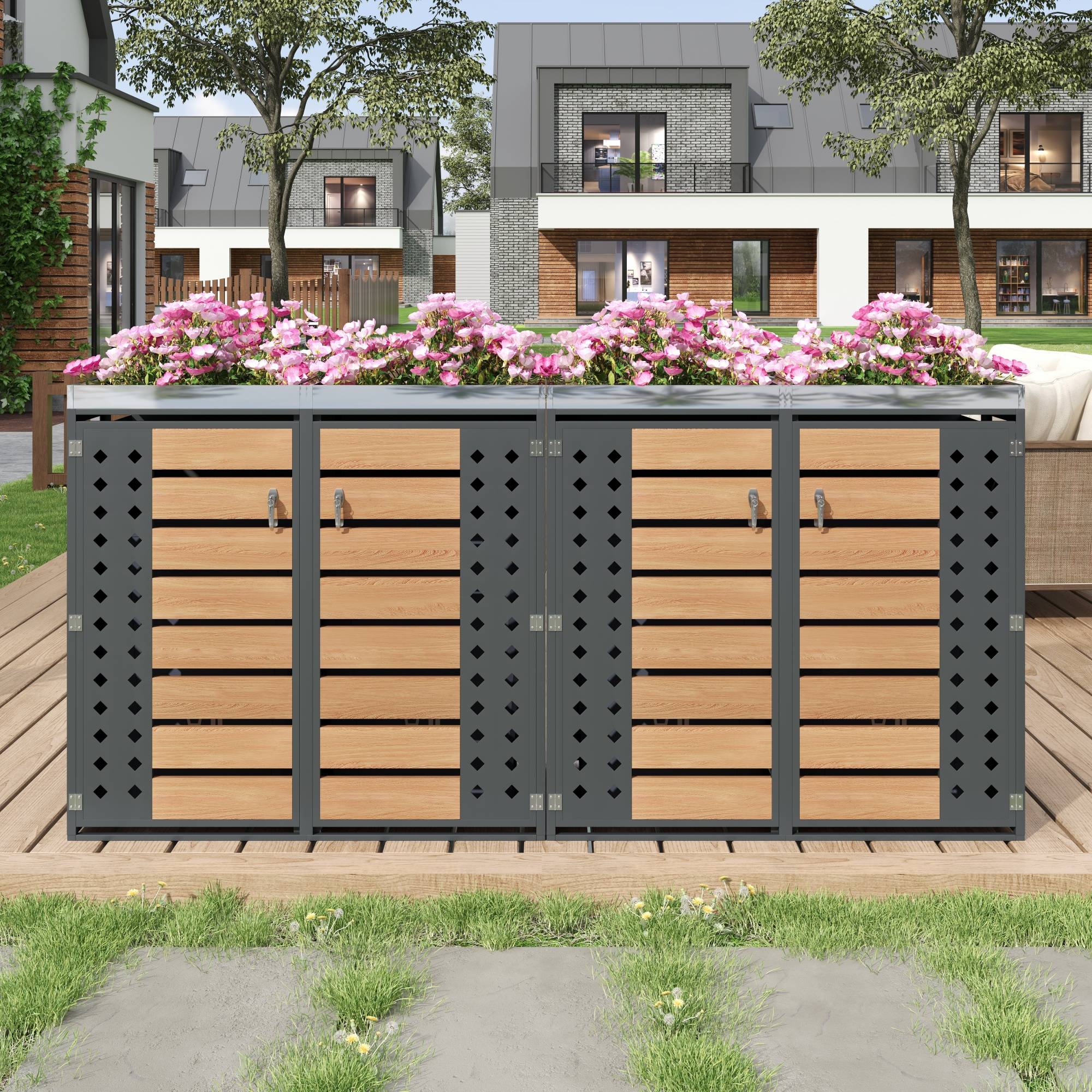 Mülltonnenbox avec bois imitation et compartiments de rangement, 132 x 80 x 124,58 cm - PANGIVO - Image 2