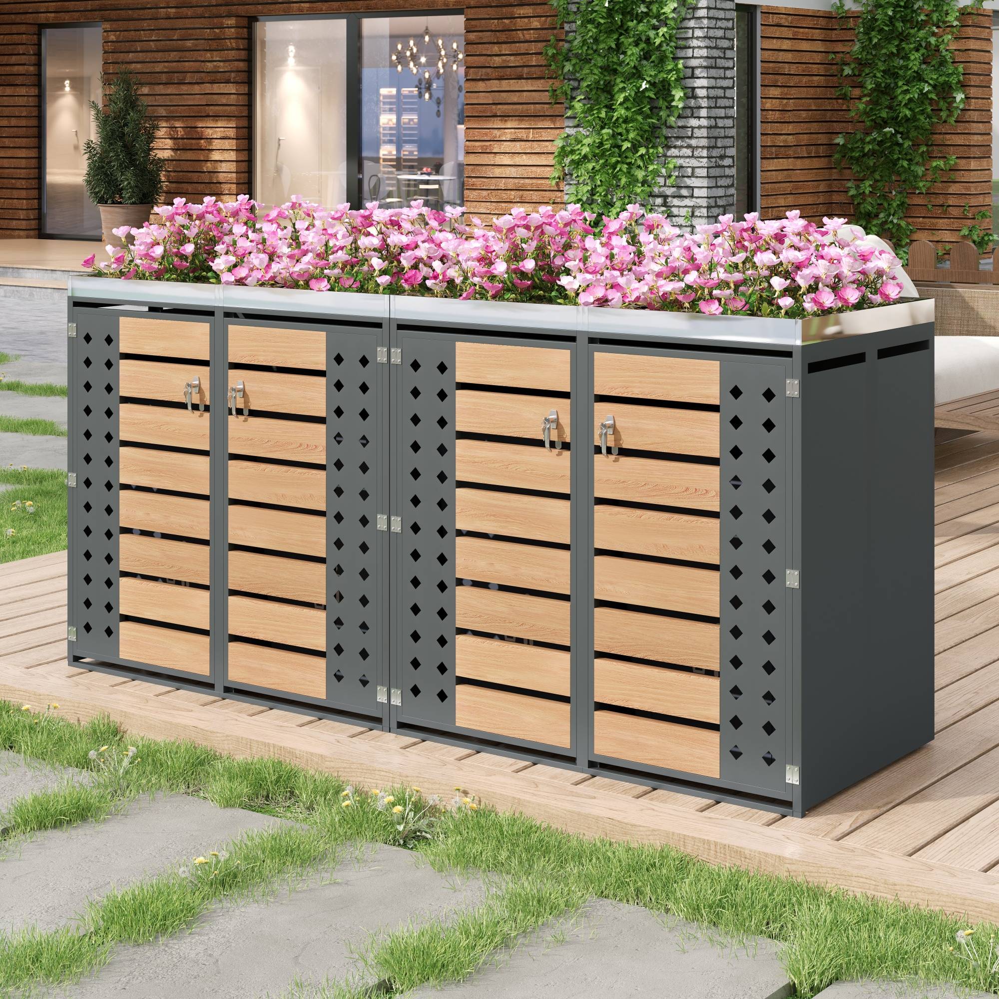 Mülltonnenbox avec bois imitation et compartiments de rangement, 132 x 80 x 124,58 cm - PANGIVO - Image 5