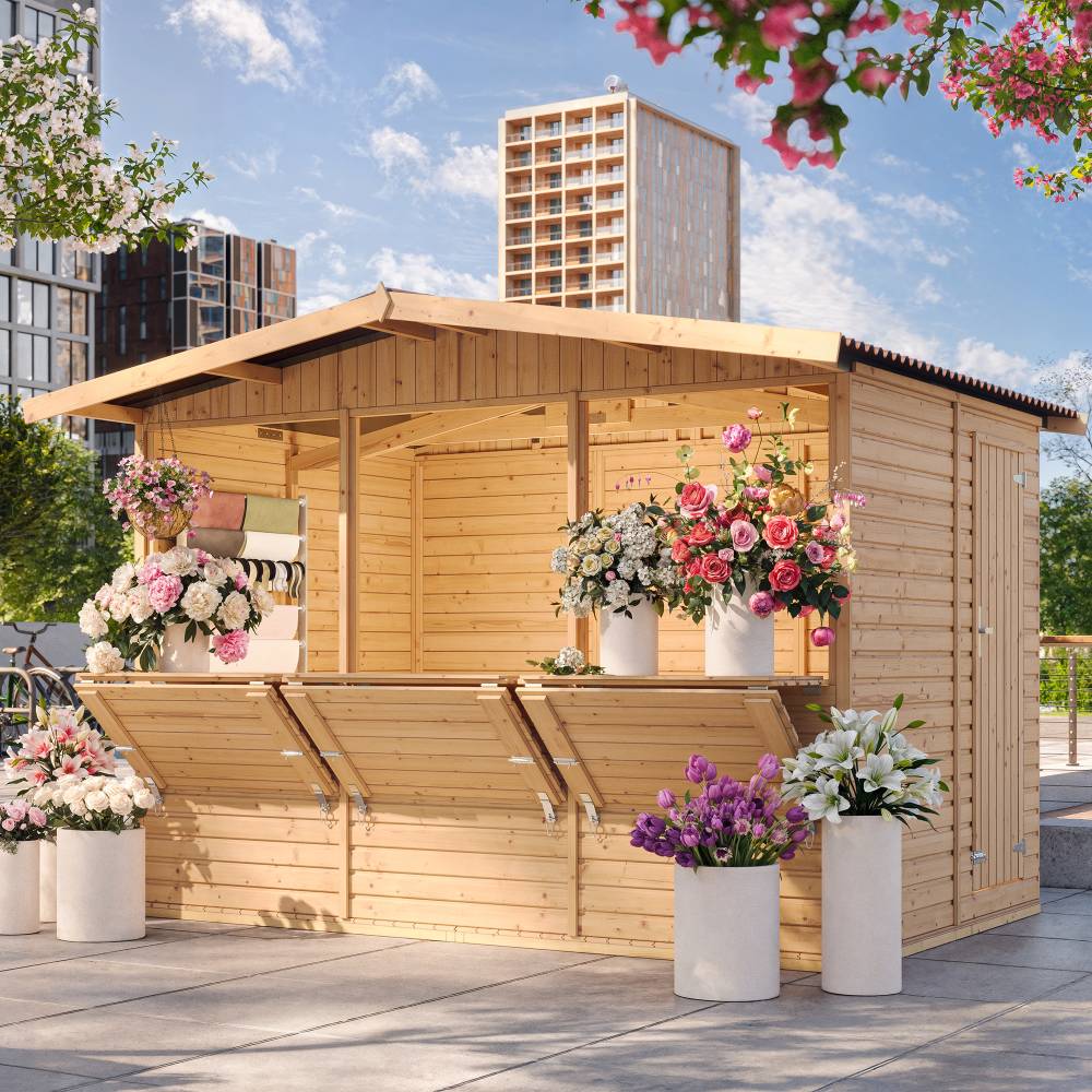 Timbela - Maison de jardin en bois H232x336x263 cm / 6 m² - Étal de marché en bois - Grand stand de vendeur avec comptoir - 17 mm d’épaisseur - Timbela M150A