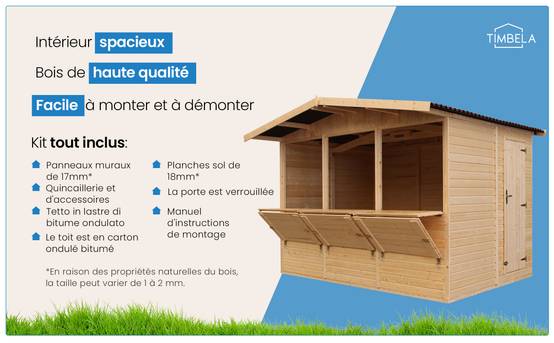 Timbela - Maison de jardin en bois H232x336x263 cm / 6 m² - Étal de marché en bois - Grand stand de vendeur avec comptoir - 17 mm d’épaisseur - Timbela M150A - Image 8