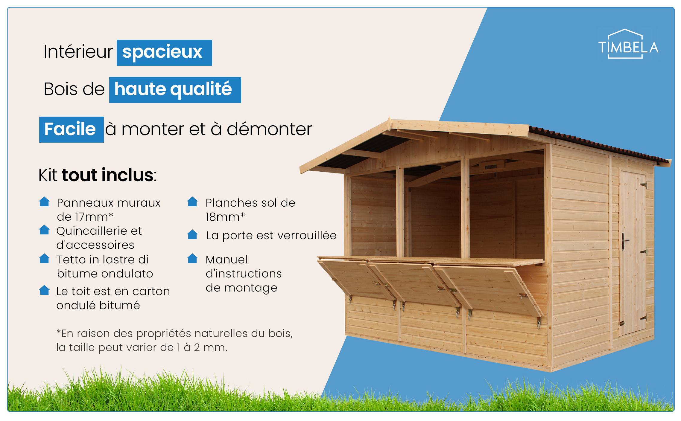 Timbela - Maison de jardin en bois H232x336x263 cm / 6 m² - Étal de marché en bois - Grand stand de vendeur avec comptoir - 17 mm d’épaisseur - Timbela M150A - Image 8
