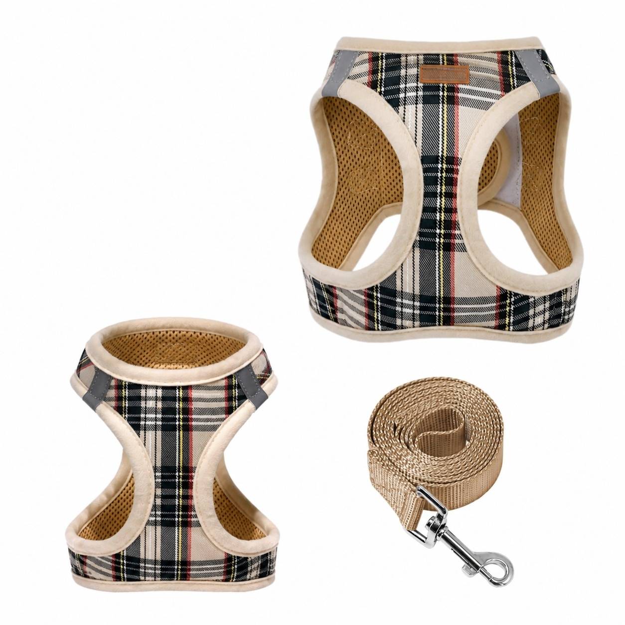 Harnais pour chien et chat à enfiler tissu respirant motif tartan réfléchissant sécurité - Image 1