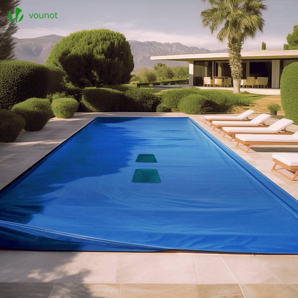 Bache piscine rectangulaire double couche en Polyethylene 160 gr/m2 avec filet ecoulement 4x9m Bleue - Image 2