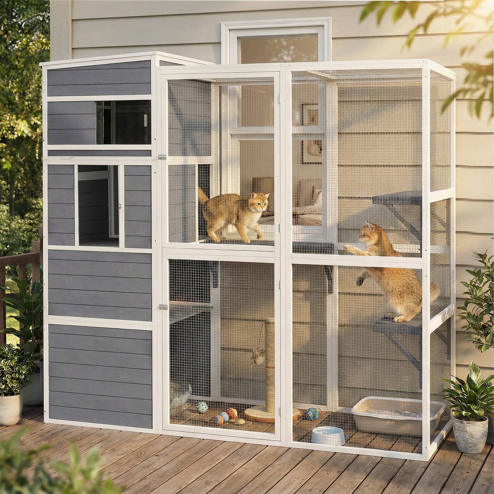 ComfortXL - Enclos pour chat extérieur bois gris avec 3 plateformes et toit résistant pour 3 à 4 chats jusqu’à 10 kg - Image 1